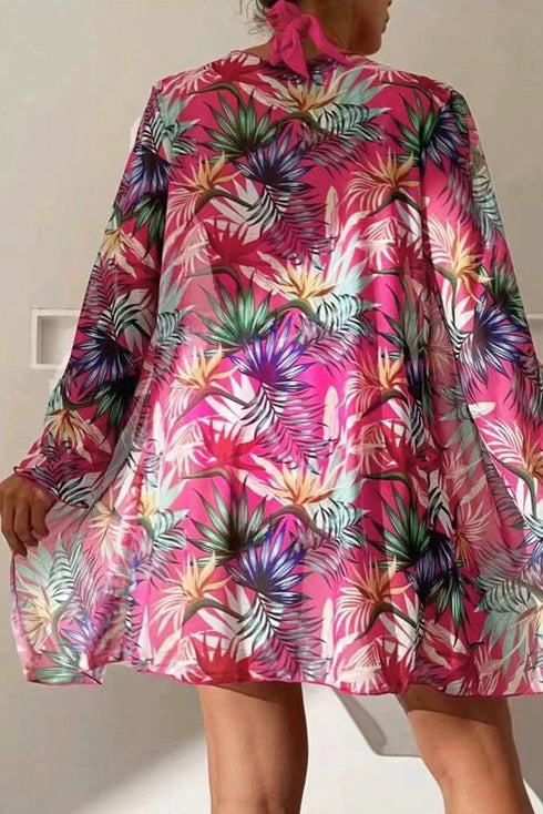 3pcs Tropical Contrast Trim Halter Bikini Set with Cover up